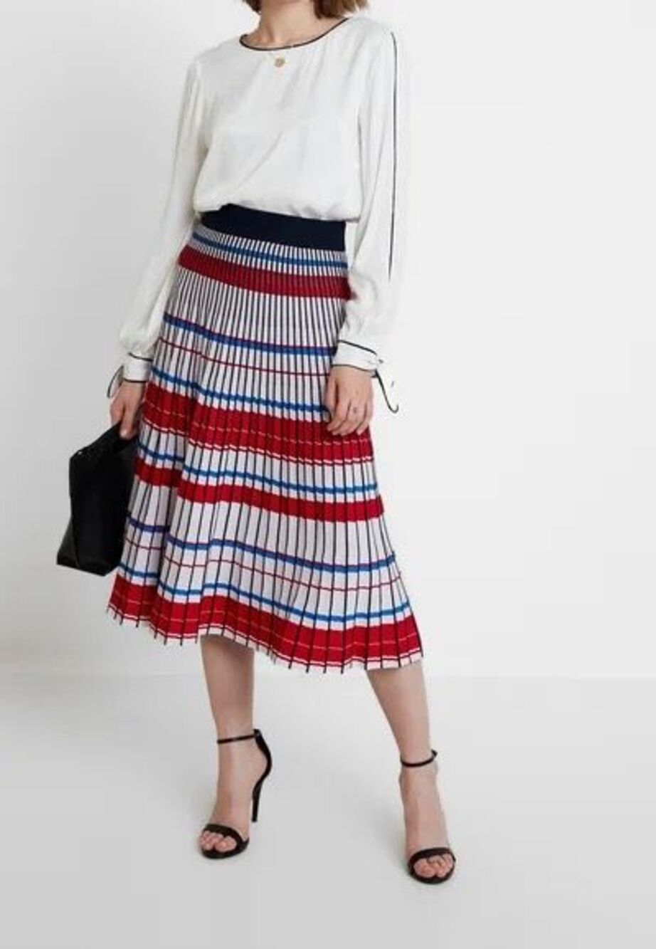 Banana Republic Pleated Knit Midi Skirt Size Large Red White Blue